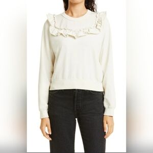 CLARE VRuffle Cotton Sweater In White Size Small